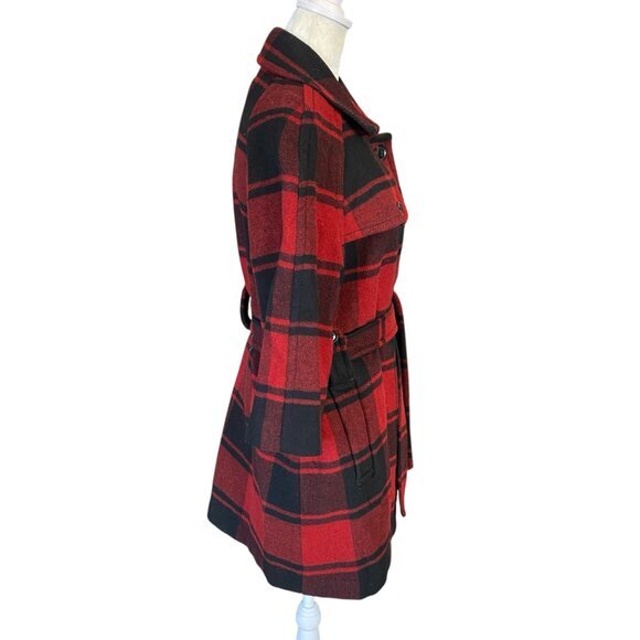 Gap red black plaid flannel mid length button down collared 3/4 sleeve coat M - Picture 3 of 10